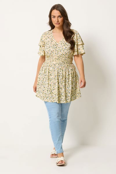 Yours Gele Top Met Fijne Bloemenprint En Wijdvallende Mouwen Size 42