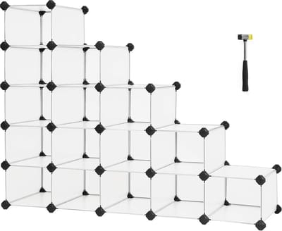 Schoenrek kunststof, rechthoekig schapsysteem met 15 vakken, doe-het-zelf insteekplank, opbergrek, garderobe, schoenenopberger, metaaldraad, wit LPC44S