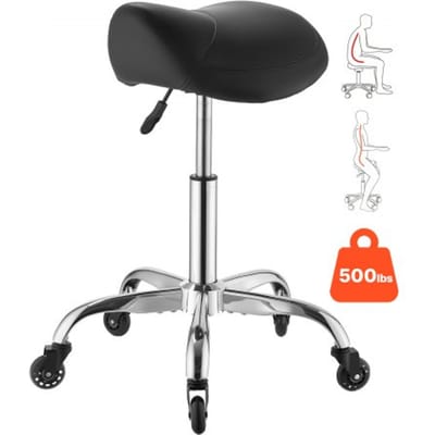 VEVOR Zadelkruk 226,8 kg, in Hoogte Verstelbare Rolkruk, Ergonomische Zitting van Pu-Leer, Stille Wielen, 360° Draaibaar, Ideaal voor Salons, Spa's, Bars, Thuisgebruik, Medische Praktijken, Zwart