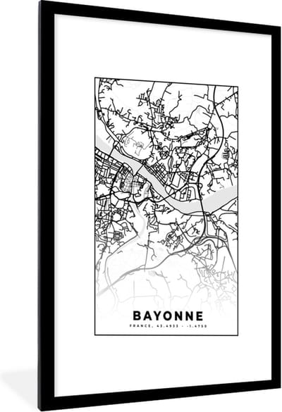 Fotolijst incl. Poster Zwart Wit- Plattegrond - Kaart - Bayonne - Frankrijk - Stadskaart - Zwart wit - 60x90 cm - Posterlijst