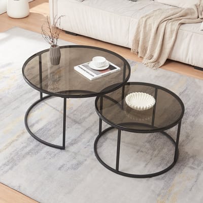 Salontafel set van 2 Kokkola rookglas grijs en zwart [en.casa]