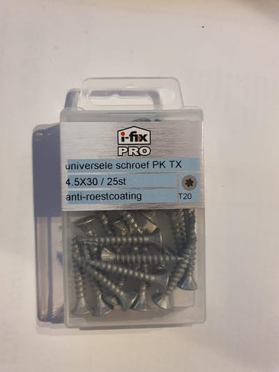 Hardhoutschroef. 4.5 x 30mm. lang. Platkop-Torx-T-20.Ifix-Pro. 25 stuks Professionele Spaanplaatschroef. Anti-Roest-Coating