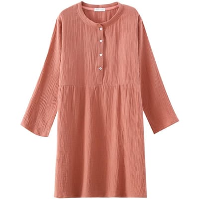 Lente en Herfst Dames Nachthemd Lange Mouw 100% Katoen Crêpe Ronde Hals Knoop Effen Kleur Jurk Huisjurk Nachthemd Jurk XL brown