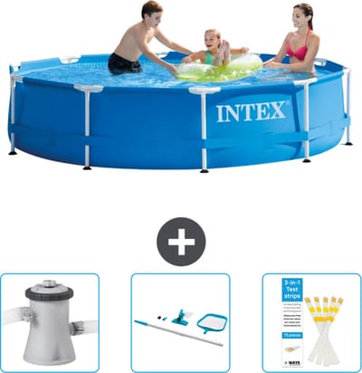 Intex Rond Frame Zwembad - 305 x 76 cm - Blauw - Inclusief Zwembadfilterpomp - Schoonmaakset - Testrips