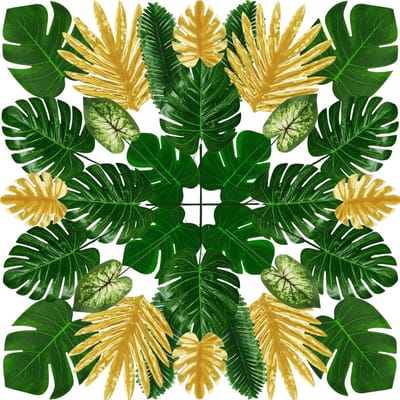 Allecto plus - Tropische Feest Woondecoraties - 50 stuks - 7 soorten - Kunstmatige palmbladeren - Groen en goud - Hawaiiaanse Luau Party Jungle Beach decoraties met monsterabladeren