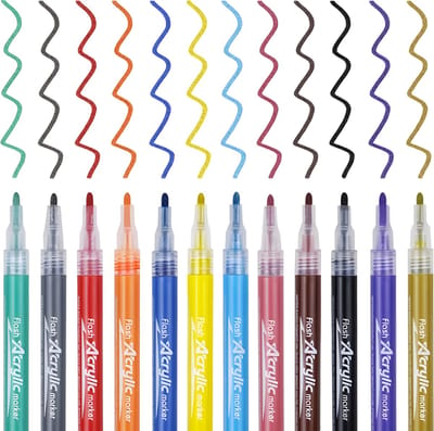 Rainbecom - 12 Kleuren Glitter Acryl Marker Stiften - Glitterstiften - 1 mm Lijndikte - Glitter Penen - Gelpen schilderset - Waterdicht- Acrylstiften met Polyester Punt - Acrylverfpennen Tekenset - Stiften voor het Schilderen van Eieren Stenen, Keram
