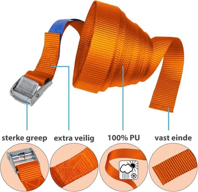 Candala Sjorband spanband bevestigingsband met klemgesp - draagvermogen tot 250 kg DIN EN 12195-2, 4 stucks 2.5 cm x 6 m