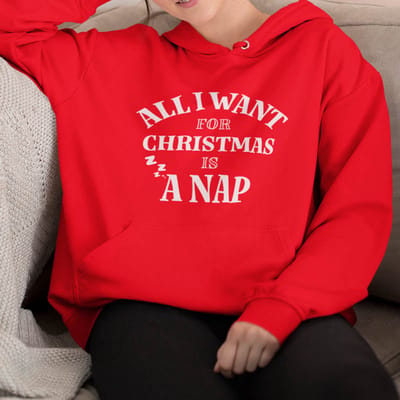 Dames Foute Kerst Hoodie Rood All I Want For Christmas Is A Nap XS - Uniseks Pasvorm - Kerstkleding Voor Dames & Heren