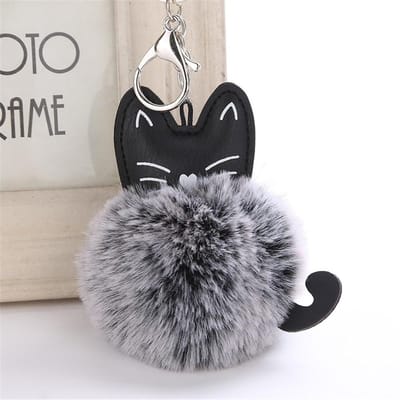 Schattige Kat Leer Furry Sleutelhanger Hanger Vrouwen Sleutelhanger Houder Pompons Sleutelhangers Mooie Pluche Koe Lanyard Voor Sleutels Porte Clé zwart