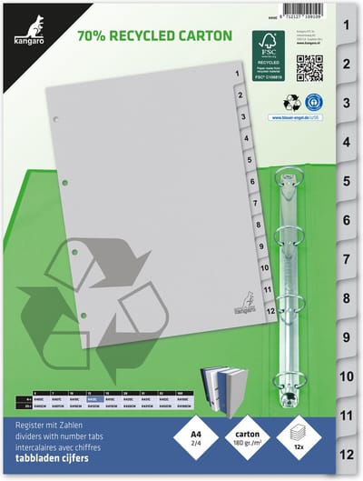 Kangaro tabbladen - A4 - cijfers 12-delig - ECO karton 180 grams - 4-gaats