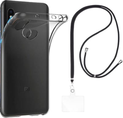 Set met hoesje en nekband voor xiaomi redmi note 6 pro - Flexibele, transparante TPU-bescherming, verstelbare universele nekband voor mobiele telefoons, zwarte nekband, transparante draagriem van Phonillico®