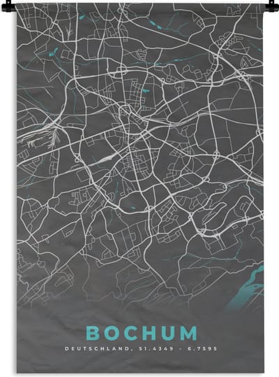 Wandkleed - Wanddoek - Plattegrond – Bochum – Blauw – Stadskaart – Kaart - Duitsland - 120x180 cm - Wandtapijt