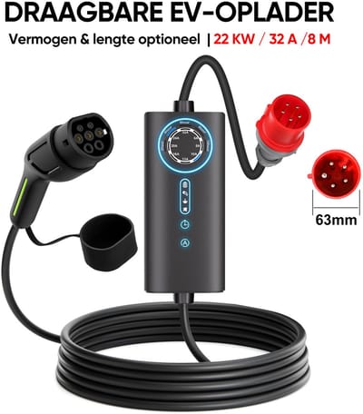 Junsun Type 2 EV Mobiele Thuislader | 22kW 3 fase 32A，6A/8A/10A/13A/16A/20A/24A/32A instelbaar, zonder scherm | 8 meter Laadkabel - 400V EV-oplader - Voor Elektrische Auto's - Schuko-stekker & CEE-stekker - 3 jaar garantie