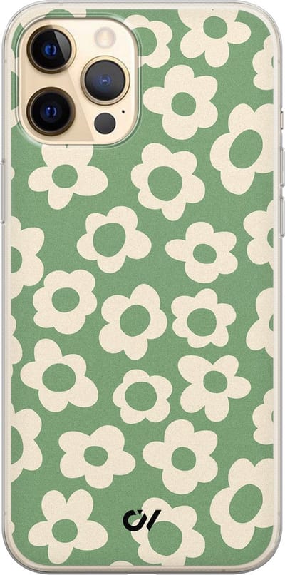 Hoesje geschikt voor Apple iPhone 12 - Retro Cute Flowers - - Groen - Apple - Casevibes