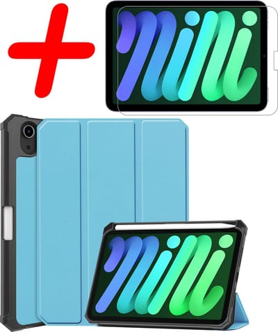 Hoesje Geschikt voor Apple iPad Mini 6 (2021) - 8.3 inch - 6e Generatie - Met Screenprotector - Trifold Bookcase - Hard Cover Case - Met Uitsparing Geschikt voor Apple Pencil - Hardcover Book - Tablet Hoes - Lichtblauw