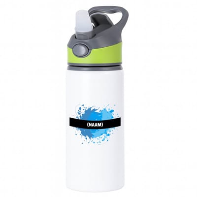 Hacebo® - blauwe verfvlek met eigen naam waterfles met rietje groen - Kunst - kunstenaars/kunstenaressen - verjaardag - mensen die houden van verven - cadeau - kado - geschenk - gift - water fles - 650ML