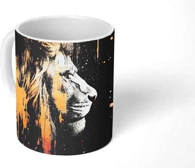 Mok - Koffiemok - Portret - Leeuw - Abstract - Goud - Mokken - 350 ML - Beker - Koffiemokken - Theemok