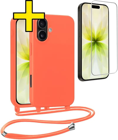 Hoesje Geschikt voor iPhone 17 Hoesje Met Koord Met Screenprotector Siliconen Case - Hoes Geschikt voor iPhone 17 Backcover Met Afneembaar Koord - Papaya