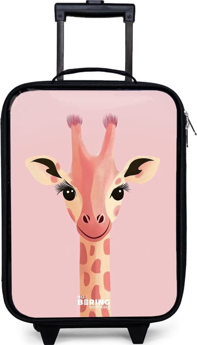 NoBoringSuitcases.com® - Kinderkoffer jongen - Kindertrolley meisje - Giraffe - Wimpers - Minimalistisch - Roze - Koffer kind lichtgewicht - Reiskoffer trolley voor kinderen - Koffertje met lichtgevende wieltjes - Rolkoffer zwart