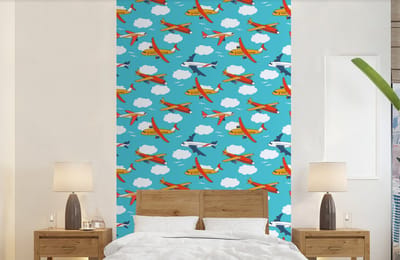 Behang - Fotobehang Patronen - Vliegtuig - Wolk - Lucht - Jongen - Kindje - Kinderen - Kids - Breedte 150 cm x hoogte 240 cm