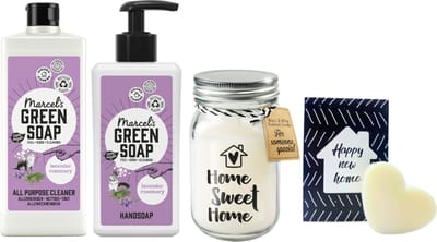 Green Soap Cadeauset Nieuw Huis - Green Soap Allesreiniger 750ml Lavendel & Rosemarijn - Green Soap Handzeep 250 ml Lavendel - Paper Dreams Kaars Black & White Home sweet home