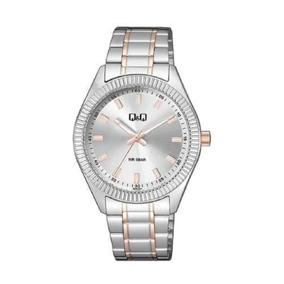 Q&Q QZ48J401Y - Horloge - Analoog - Heren - Mannen - Stalen band - Rond - Metaal - Streepjes - Zilverkleurig - Rosékleurig - 5 ATM