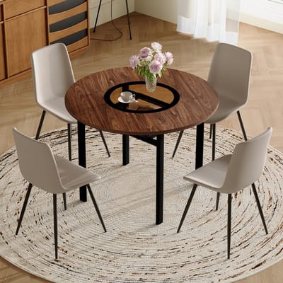 Merax Eetkamerset voor 4 Personen - Ronde Eettafel met Glas en Opbergrek - 4 Kunstleer Eetkamerstoelen - Houtlook Bruin met Zwart