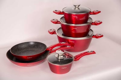 Cheffinger Luxe Pannenset - 10 delig - Rood - Inductie - Met glazen deksels