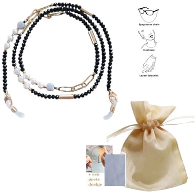 Mooie Brillenkoord Zwart kralen, goudkleurig -Brillenkoord Kralen ketting- Youhomy accessoires Brillenkoord ketting| Cadeau voor dames | Chain glasses accessoires| Leesbril - Lichtgewicht - Zonnebril hanger Vakantie