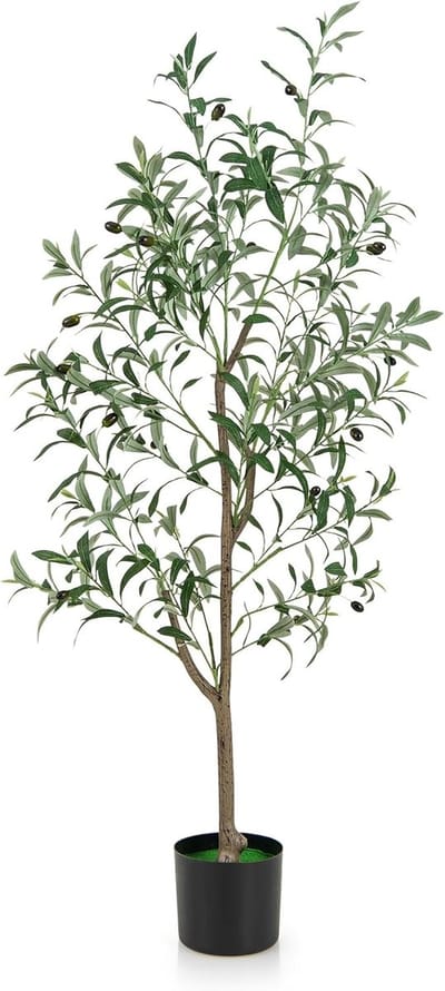 COSTWAY Kunstolijfboom, kunstplant 130 cm, kamerplant met cementpot en natuurlijke bladeren en vruchten, kunstboom voor tuin, kantoor, thuis, kunstplanten, groen (1 stuks)