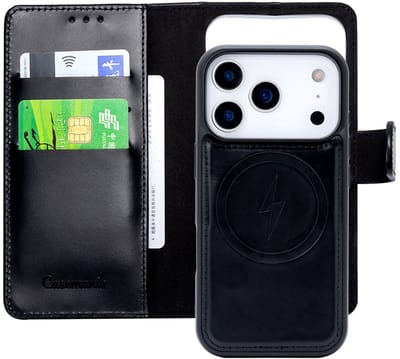 CaseMania Bookcase hoesje geschikt voor iPhone 17 Pro Max - Effen Zwart - Leer - 2-in-1 Magnetisch Uitneembaar Design - Compatible met MagSafe