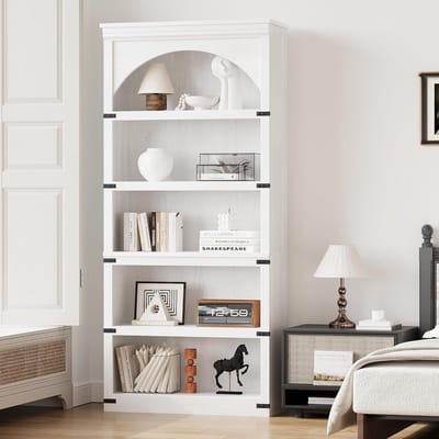 Boerenboerderij-boekenkast met boog – Houten boekenkast van 175 cm hoog met 5 planken en gebogen boogontwerp – Vintage boekenkast voor thuiskantoor, woonkamer, bibliotheek – 175×80×30 cm - Antiekwit