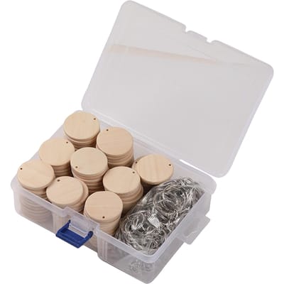 Mini houten cirkel sleutelhanger, 100 stuks natuurlijke houten plakjes onafgewerkte schijven voorgeboorde ronde houten blanco sleutelhangers