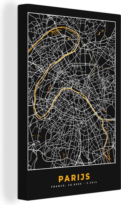 Canvas Schilderij Parijs - Stadskaart - Goud - Plattegrond - Kaart - 20x30 cm - Wanddecoratie
