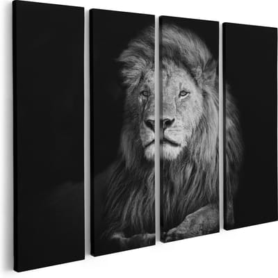 Artaza Canvas Schilderij Vierluik Leeuw - Leeuwenkop - Zwart Wit - 80x60 - Foto Op Canvas - Canvas Print