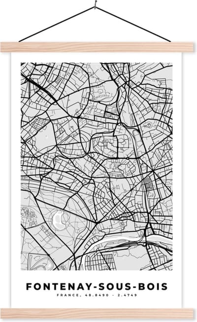 Posterhanger incl. Poster 40x60 cm - Schoolplaat - Plattegrond - Kaart - Stadskaart - Frankrijk - Fontenay-sous-Bois - Textielposter - Blanke latten - Stadskaart