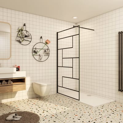 Douchewand-Inloopdouche 100x200cm 8mm NANO Easyclean zwart raster gezeefdrukt gehard glas mat zwart profiel 70-120cm stabilisatiestang(inkortbaar)