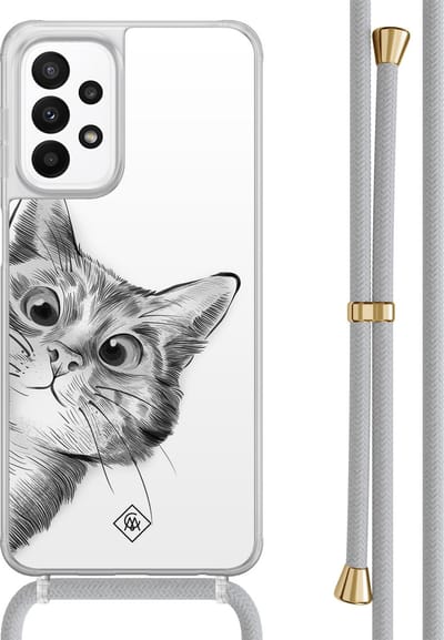 Casimoda® hoesje met grijs koord - Geschikt voor Samsung A23 - Peekaboo Kat - Afneembaar koord - TPU/acryl - Wit