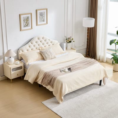 PHOEBE CAT Gestoffeerd bed - 140 x 200 cm - Verstelbaar hoofdeinde - Velvet - Tweepersoonsbed - Beige