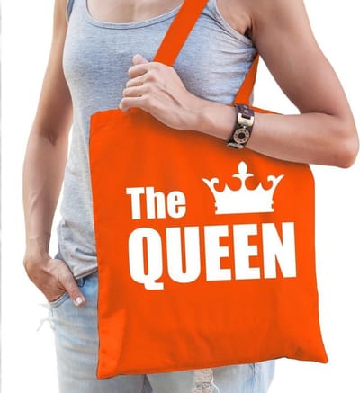 The queen katoenen tas oranje met witte tekst en witte kroon - Koningsdag - tasje / shopper voor dames