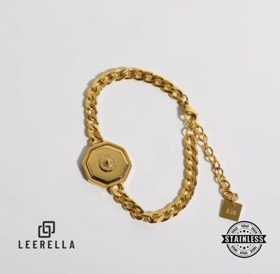 Leerella | Dames Goudkleurige Cubaanse Edelstalen Armband met Zirkonia Inleg – 17cm + 5cm Verlenging | Luxe Roestvrij Stalen Armband