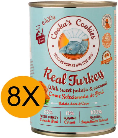 Cooka's Cookies Real Turkey (kalkoenpaté met zoete aardappel en kokos) Hondenvoer - Natvoer - geen toevoegingen, geen conserveermiddelen, alleen eerlijke ingrediënten - meer dan 85% vers bereide kalkoen 8x400gr
