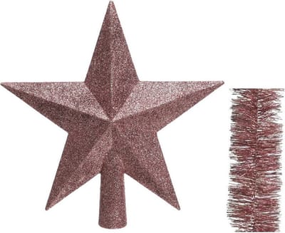 Kerstversiering kunststof glitter ster piek 19 cm en folieslingers pakket oud roze van 3x stuks - Kerstboomversiering