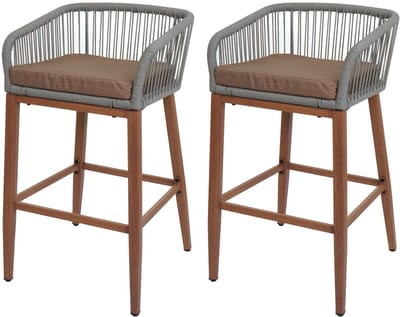 Set van 2 Touw barkrukken MCW-O22, buiten zitkussen touw vlechtwerk metaal hout-look ~ lichtgrijs, kussen taupe