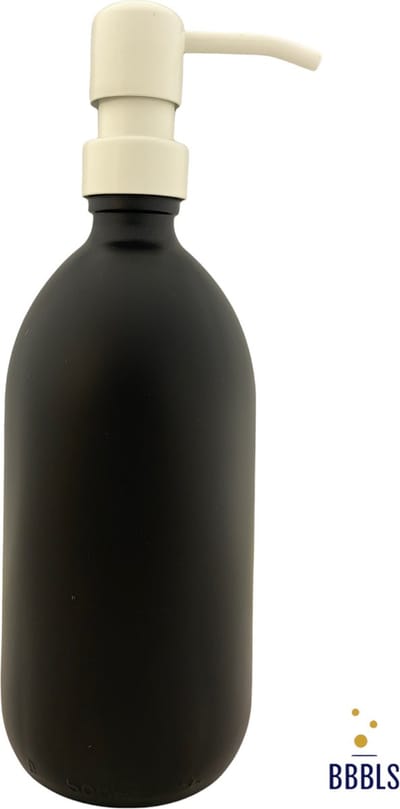 BBBLS® Design Dispenser "Blanco" | Zwart Glas | 500ml | RVS / Metaal Pomp Wit | Zeeppomp | Zeepdispenser | Zeephouder