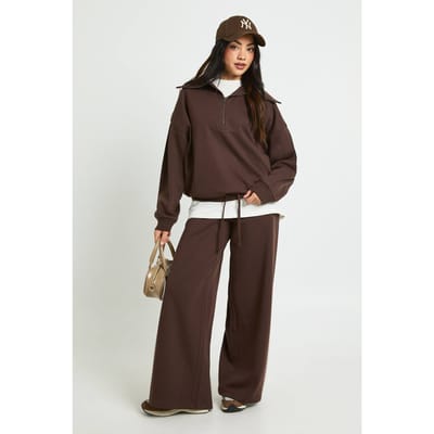boohoo Dames Halfrits Sweatshirt Interlock Trainingspak | Chocoladebruin | Maat: Medium
