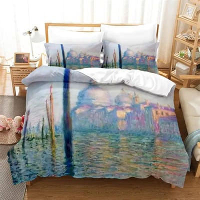3D Artistieke Beddengoedset King Monet Van Gogh Stijl Lucht Olieverfschilderij Patroon Gedrukt Dekbedovertrek Met Kussenslopen Hete Verkoop 3PCS EU Single 135x200cm