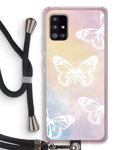 Case Company® - Hoesje met koord geschikt voor Samsung Galaxy A51 5G hoesje met Koord - White butterfly - Telefoonhoesje met Zwart Koord - Bescherming aan alle Kanten en Over de Schermrand