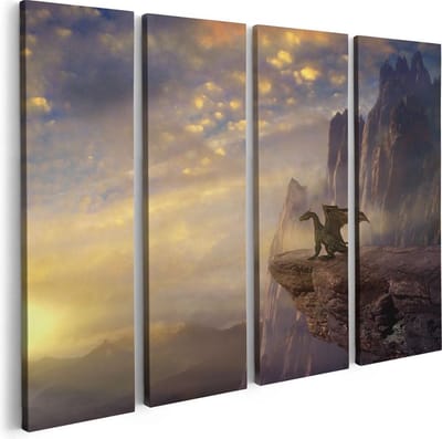 Artaza Canvas Schilderij Vierluik Draak op een Rots bij Zonsondergang - 80x60 - Foto Op Canvas - Canvas Print