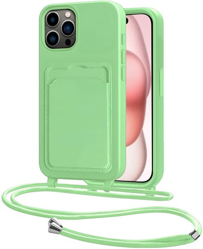 Hoes Geschikt voor iPhone 14 Pro Hoesje Pasjeshouder Cover Met Koord Case Siliconen Hoes Met Telefoonkoord en Kaarthouder - Groen